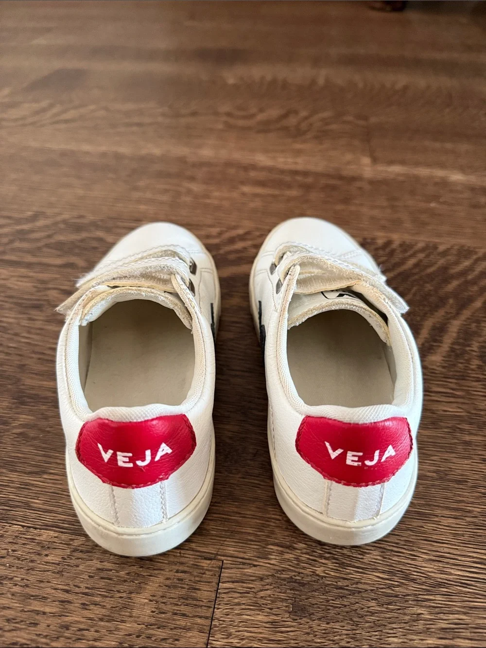 Veja Kids Esplar White Leather Velcro Sneakers with Navy V and Red Heel